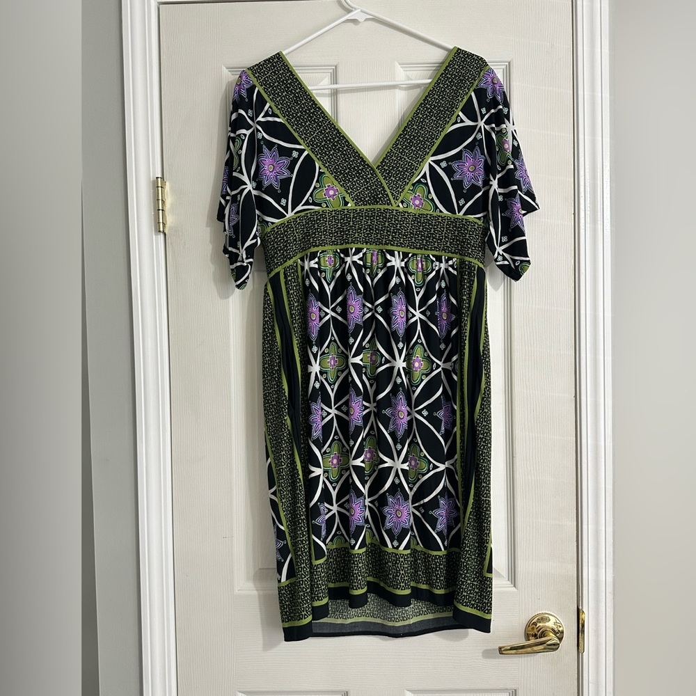 Floral Geometric V‑Neck Dress in Black, Green & Purple Like Farm Rio Large XL - Picture 2 of 3